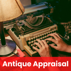 Hands typing on a vintage typewriter under a lamp, with a mug and dried flowers nearby. A red banner at the bottom reads "Antique Appraisal Service.