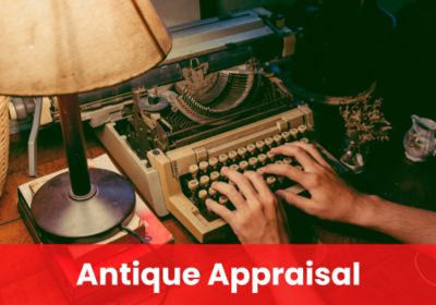 Hands typing on a vintage typewriter under a lamp, with a mug and dried flowers nearby. A red banner at the bottom reads "Antique Appraisal Service.