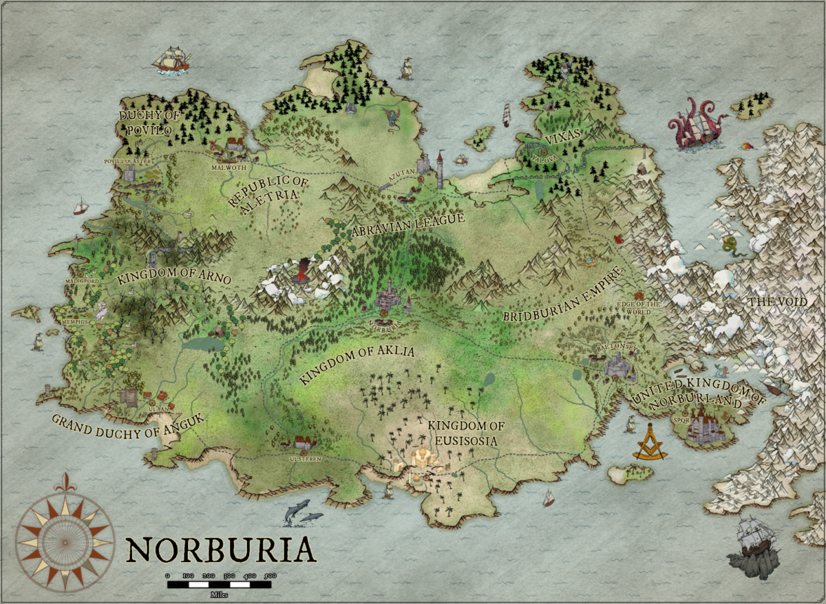 Experience a meticulously crafted fantasy map designed for Norburia, showcasing its kingdoms, expansive forests, towering mountains, and majestic rivers. The ocean is adorned with ships alongside a depiction of a mythical sea creature. A compass rose graces the bottom left corner, and the map intricately displays diverse terrains and distinct landmarks as part of the "I Will Design Your Own DnD Map" product.