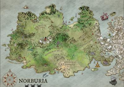 Experience a meticulously crafted fantasy map designed for Norburia, showcasing its kingdoms, expansive forests, towering mountains, and majestic rivers. The ocean is adorned with ships alongside a depiction of a mythical sea creature. A compass rose graces the bottom left corner, and the map intricately displays diverse terrains and distinct landmarks as part of the "I Will Design Your Own DnD Map" product.