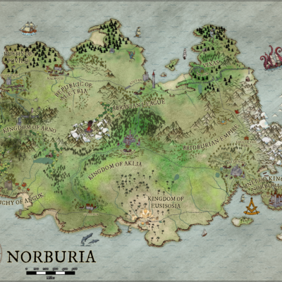 Experience a meticulously crafted fantasy map designed for Norburia, showcasing its kingdoms, expansive forests, towering mountains, and majestic rivers. The ocean is adorned with ships alongside a depiction of a mythical sea creature. A compass rose graces the bottom left corner, and the map intricately displays diverse terrains and distinct landmarks as part of the "I Will Design Your Own DnD Map" product.