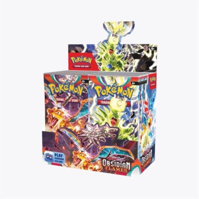 Box of Pokémon trading card game packs from the "Obsidian Flames" series, featuring vibrant artwork of Pokémon on the packaging.