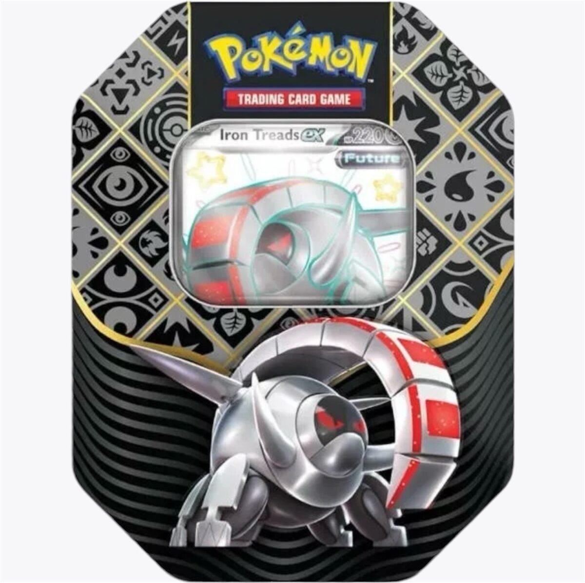 The image displays a Pokemon Paldean Fates Iron Treads Tin, which features a black and gold design adorned with various symbols, and includes a clear top showcasing the Iron Treads ex card.