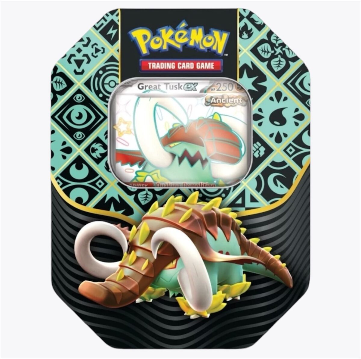 The Pokemon Paldean Fates Great Tusk Tin showcases the character Great Tusk. The tin is adorned with a decorative black and teal pattern, featuring the Pokémon logo at the top, and prominently displays Great Tusk, characterized by its green and brown design with tusks, on the packaging.