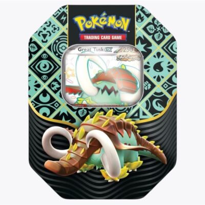 The Pokemon Paldean Fates Great Tusk Tin showcases the character Great Tusk. The tin is adorned with a decorative black and teal pattern, featuring the Pokémon logo at the top, and prominently displays Great Tusk, characterized by its green and brown design with tusks, on the packaging.