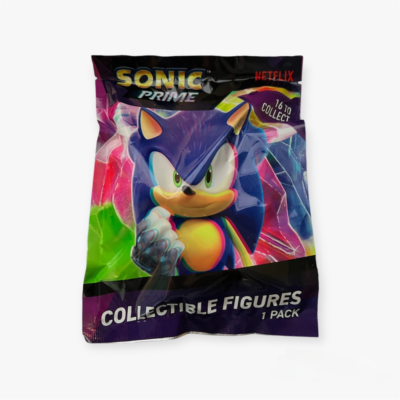 Packaging of "Sonic Prime" collectible figures. It features an image of Sonic the Hedgehog in an action pose, with the text “1 to Collect.” The background is a colorful, dynamic design. Netflix branding is visible in the top right corner.