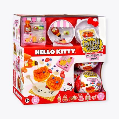 A packaged MGA's Miniverse Make It Mini Food Hello Kitty Series 1 toy set. The box showcases images of miniature food items like waffles with syrup and fruits, with predominantly red packaging that highlights the Hello Kitty branding.