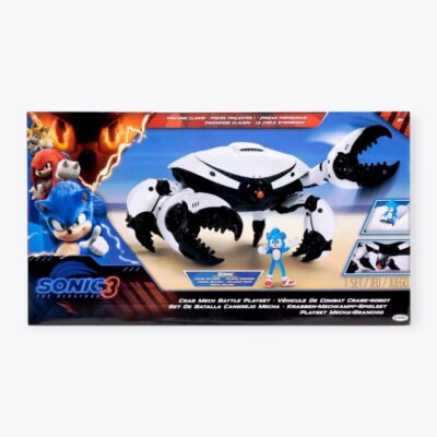 Sonic the Hedgehog 3 Crab Mech Battle Playset, featuring a robotic crab figure with packaging adorned with images of Sonic and other characters. The box includes text in multiple languages and contains a small Sonic figure inside.