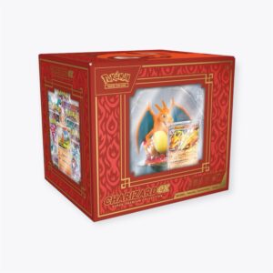 The Pokemon - Charizard ex Super Premium Collection includes a Charizard figurine, multiple trading cards, and features a red and gold design with Pokémon branding.