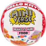 Packaging featuring colorful spheres with the "Hello Kitty" and "MGA's Miniverse" logos. The text reads "Make It Mini Food Hello Kitty Series 1" alongside images of miniature food items like candy, syrup, and waffles.