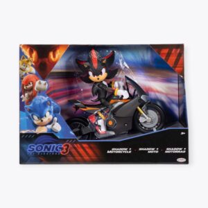 Colorful boxed playset featuring a Sonic the Hedgehog character riding a motorcycle. The packaging showcases images of other characters on the left side and has text that reads "Sonic 3" and "Shadow Motorcycle.