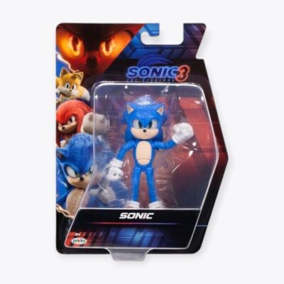 Experience the 2024 Sonic The Hedgehog 3 Movie with a 5" Sonic Figure by Jakks, featuring an iconic blue and white design complete with red shoes and gloves. The packaging showcases vibrant images of other beloved Sonic characters along with the official Sonic 3 logo.